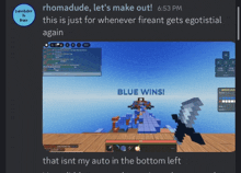 a screen shot of a video game with the words blue wins written on it