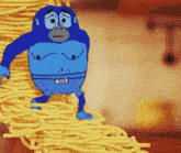 a blue cartoon character is walking through a pile of noodles