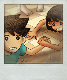 a boy and a girl are holding hands in a picture frame