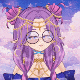 a drawing of a girl with purple hair wearing glasses and necklaces