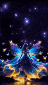a fairy in a blue and yellow dress is surrounded by butterflies and stars .