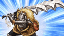 a cartoon character holding a large sword with a blue background
