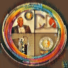 a painting of a man in a suit and tie with a cd logo