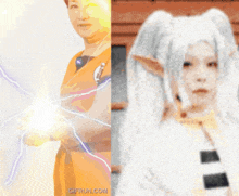 a gif from gifrul.com shows a woman in a dragon ball costume and a woman in a white costume