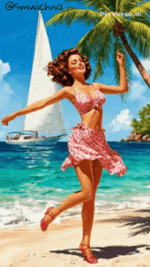 a woman in a pink dress is dancing on the beach
