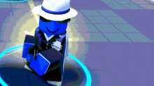 a blue roblox character is wearing a white hat