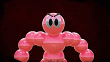 a pink balloon with big eyes and the word evil above it