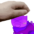 a hand is putting a purple cartoon character on top of a purple cartoon character .