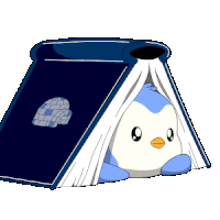 a blue and white penguin is laying inside of a book