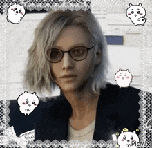 a picture of a woman wearing glasses is surrounded by cartoon characters including one that says picmix