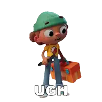 a cartoon character is holding a wrench and a toolbox and the word ugh is written below him