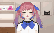 a cartoon girl with pink hair and a blue bow on her neck