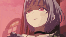 a girl with gray hair and red eyes is looking down