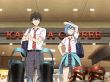 two anime characters standing in front of a coffee shop