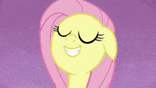 a yellow pony with pink hair is smiling with her eyes closed on a purple background