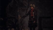 a woman in a fur hat looks up at the sky
