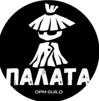 a black and white logo for opm guild with a samurai on it