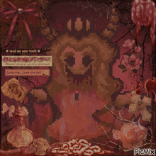 a pixel art of a girl with a sign saying send me your teeth