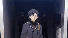 a group of anime characters are standing in a dark room with a sign on the wall that says caution