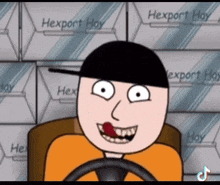 a cartoon character is sitting in front of a stack of boxes that say export hay