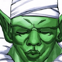 a drawing of a green goblin with a bandage on his head