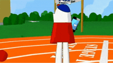 a cartoon character standing on a track holding a cell phone