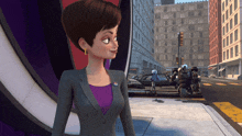 a cartoon character with a purple shirt and a pin that says ' i love you '