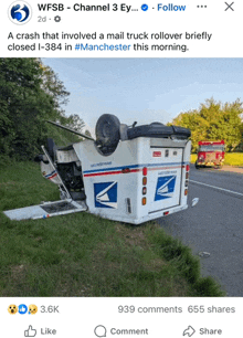 a facebook post about a mail truck rollover briefly closed i-384 in #manchester this morning