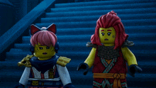 two lego characters are standing next to each other on stairs