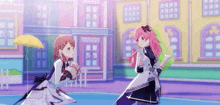 a couple of anime girls are standing next to each other in front of a building .