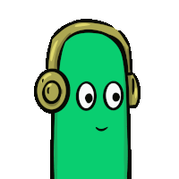 a green cartoon character wearing headphones and a smiling face