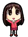 a pixel art of a girl with her eyes closed wearing a red shirt and a pink skirt .