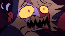 a close up of a cartoon character with big yellow eyes