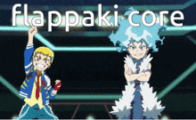 two cartoon characters are standing next to each other with the words flapaki core written above them