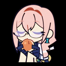a cartoon drawing of a girl with pink hair and glasses eating an orange