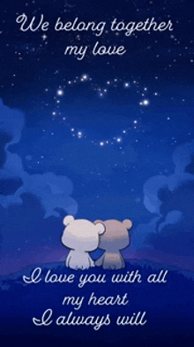 a couple of teddy bears sitting under a starry night sky with the words we belong together my love