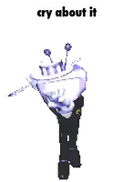 a pixel art of a man in a tuxedo holding a cane with the words cry about it below him