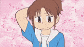 a drawing of a girl with brown hair and a blue shirt with the letter m on it