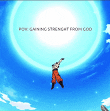 a picture of a man flying in the air with the caption " gaining strenght from god "