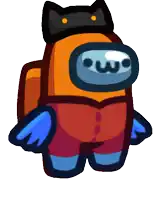 an orange among us character with wings and a black cat hat