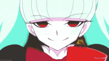 a girl with white hair and red eyes is smiling
