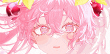 a close up of a pink haired anime girl with flowers in her eyes