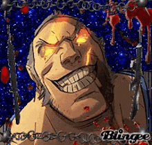a cartoon of a man with glowing eyes and chains around his neck is smiling .