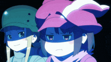 two anime characters are standing next to each other and one of them is wearing a pink hat