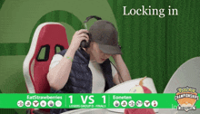 a man wearing headphones sits in front of a screen that says looking in