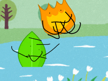 a cartoon of a green leaf and a fire
