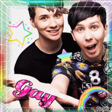 two men are posing for a picture and the word gay is on the bottom right