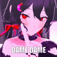 a purple anime girl with red eyes is holding her finger to her mouth and says dame dame