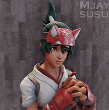 a video game character is wearing a red and white fox mask