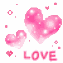 a pixel art of a pink heart with the word love written below it